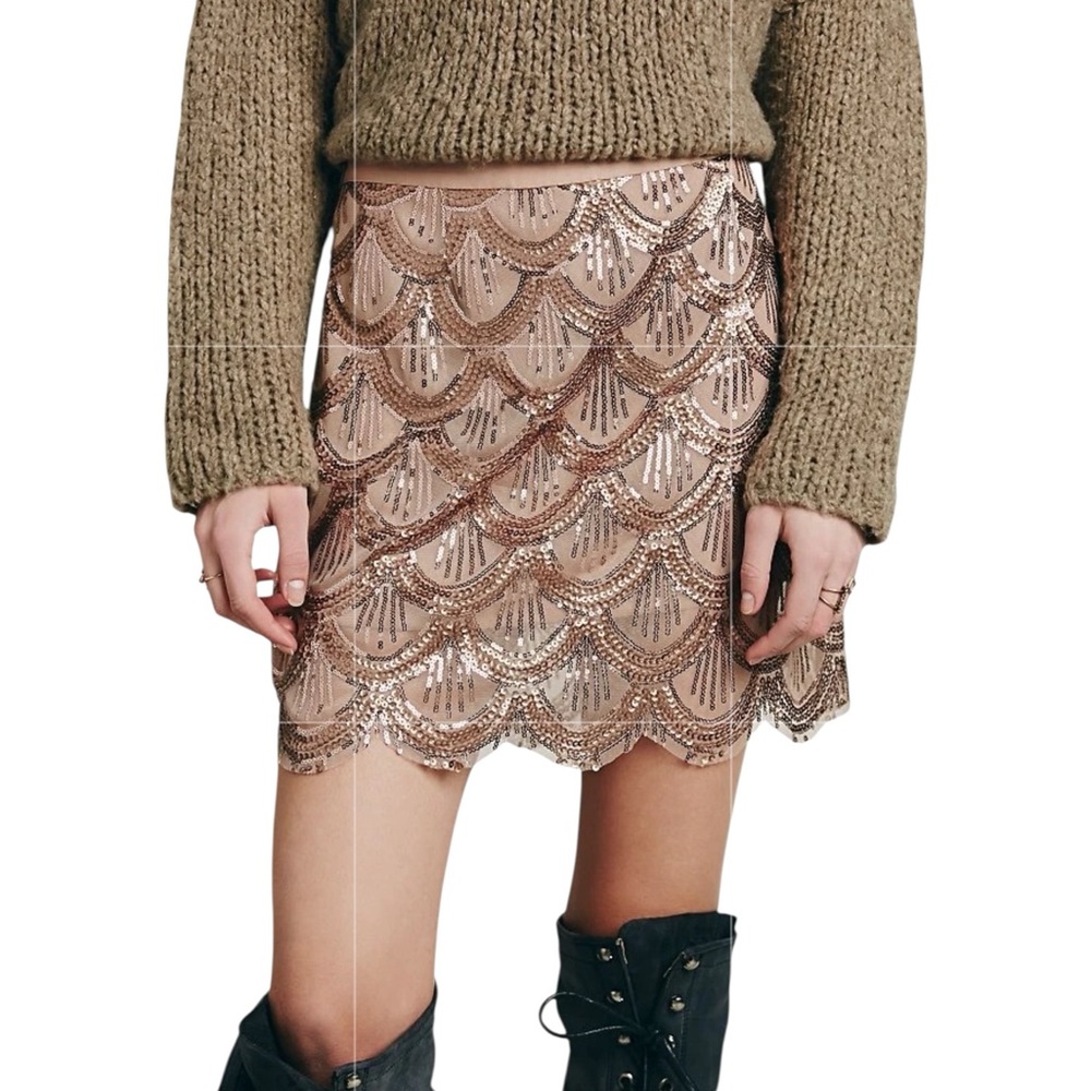 Free People Scallop Rose Gold Embellished Mini Skirt NWT